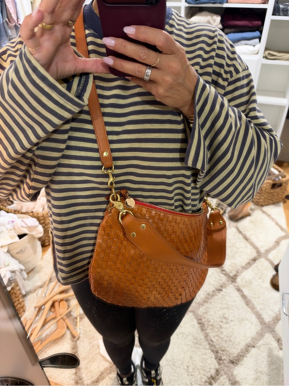 Clare V Moyan Messenger Woven Crossbody Bag in Cognac Brown with Gold Hardware - Picture 7 of 14